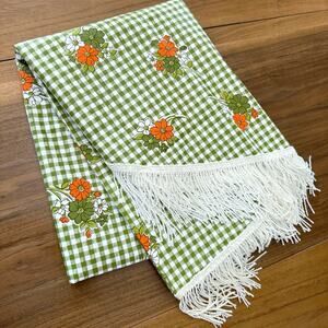 Vintage Tablecloth Round 60 inch Vinyl Fringe Green White Check Orange Flowers